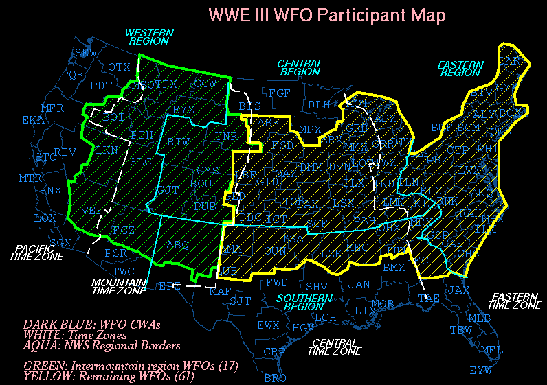 Figure 2.   Map showing offices participating in Winter
Weather Experiment 3 (2003 - 2004).