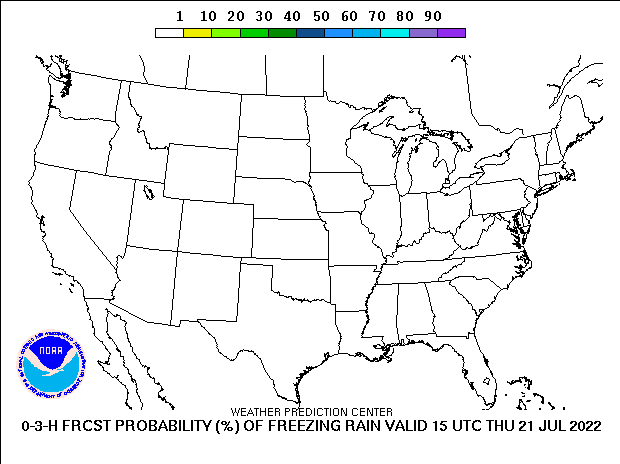 Loop of 3-hour probability of freezing rain forecasts valid from 12Z July 21, 2022 through 12Z July 22, 2022