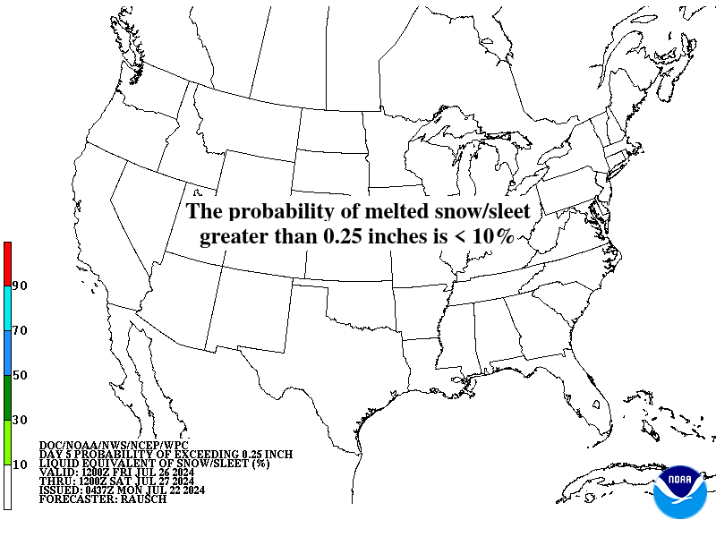 Day 5 probability of at least .25 inch liquid equivalent of snow/sleet.